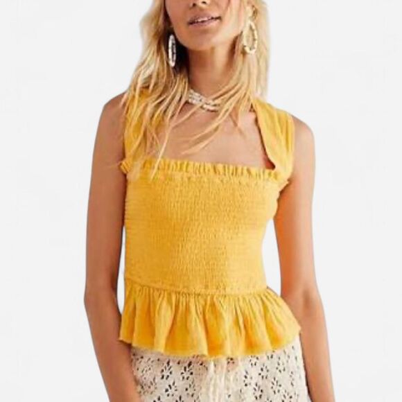 Free People Amani Yellow Open-Back Smocked Peplum Top – Boho Fairy Y2K (Fits S) - Picture 3 of 7